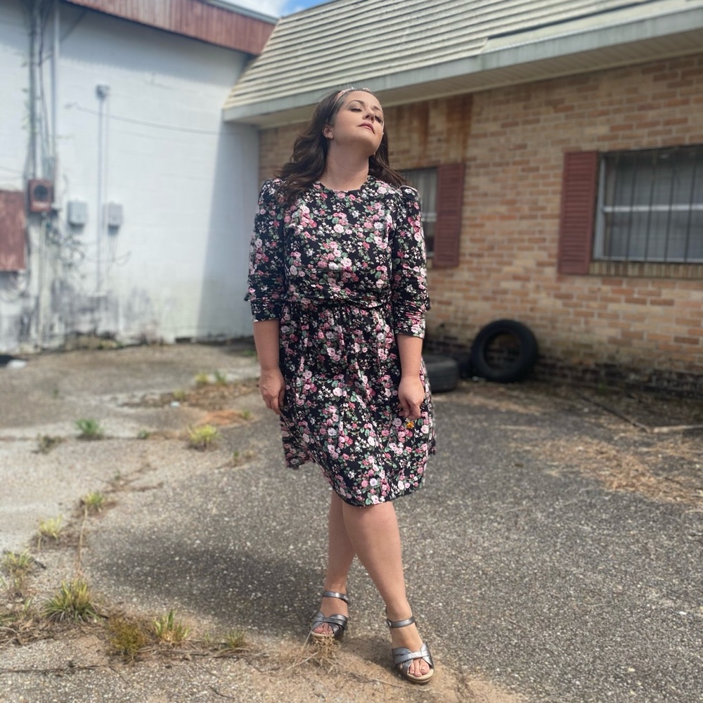 1980s upcycled vintage floral puff sleeve dress